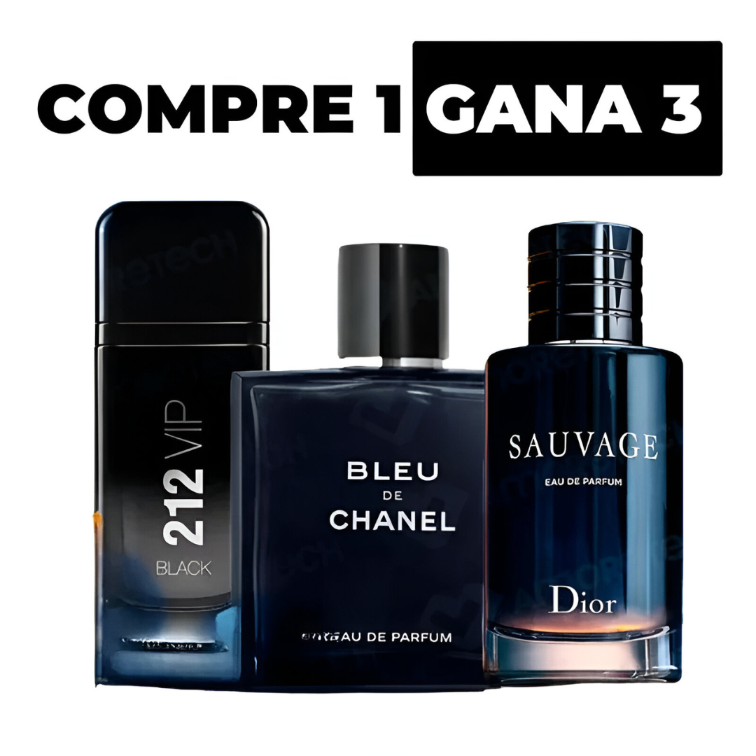 Kit 3 Perfumes Importados - Sauvage Dior | Bleu de Chanel | 212 VIP Black + Regalo Exclusivo